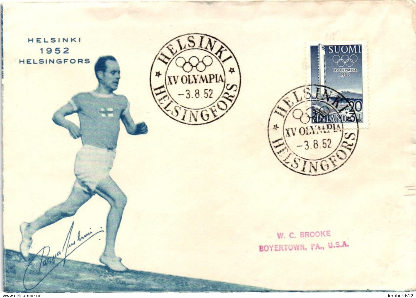 OLIMPIC GAMES - Helsinki - Finland 1952_ SUOMI FINLAND. 20 + 3 Mk Olympia 1952 On Official Decored Cover - Verano 1952: Helsinki