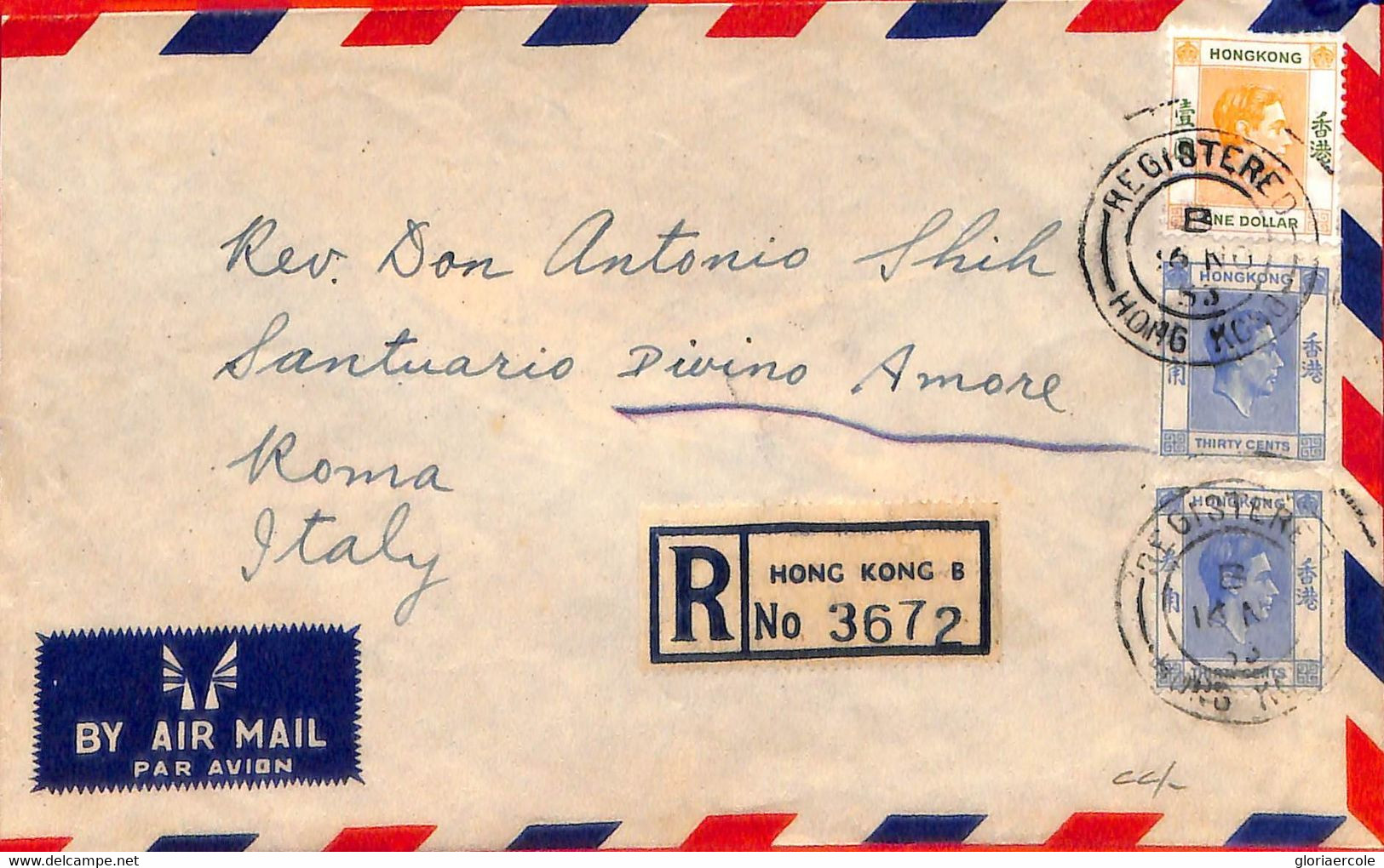 Aa6830 - HONG KONG - POSTAL HISTORY -  Registered COVER To ITALY   1953 - Lettres & Documents