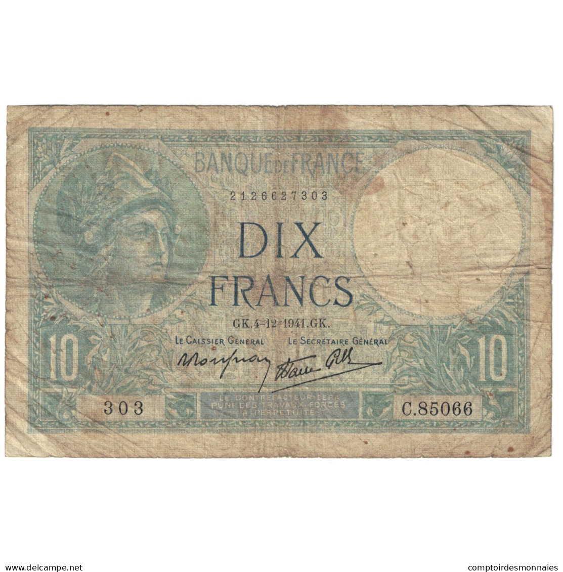 France, 10 Francs, Minerve, 1941, C.85066, B, Fayette:7.30, KM:84 - 10 F 1916-1942 ''Minerve''