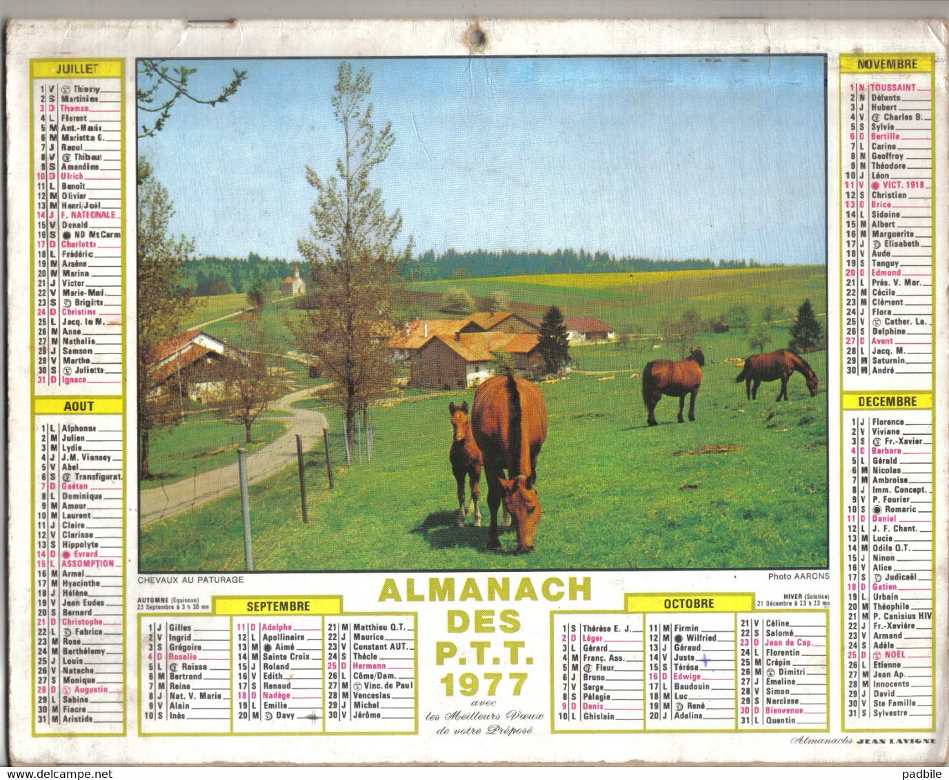 Calendrier Almanach Des P.T.T. 1977  Chevaux En Pâturage - Big : 1971-80