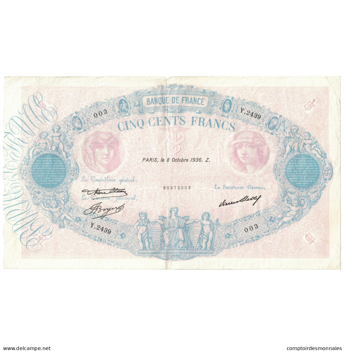 France, 500 Francs, Bleu Et Rose, 1936, Y.2439, TB+, Fayette:30.37, KM:66m - 500 F 1888-1940 ''Bleu Et Rose''