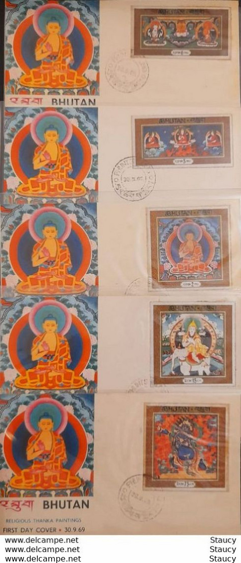 BHUTAN 1969 RELIGIOUS THANKA PAINTINGS BUDHA - SILK CLOTH Unique Stamp Imperf, 5v Stamps Set On 5 Official FDC's - Oddities On Stamps