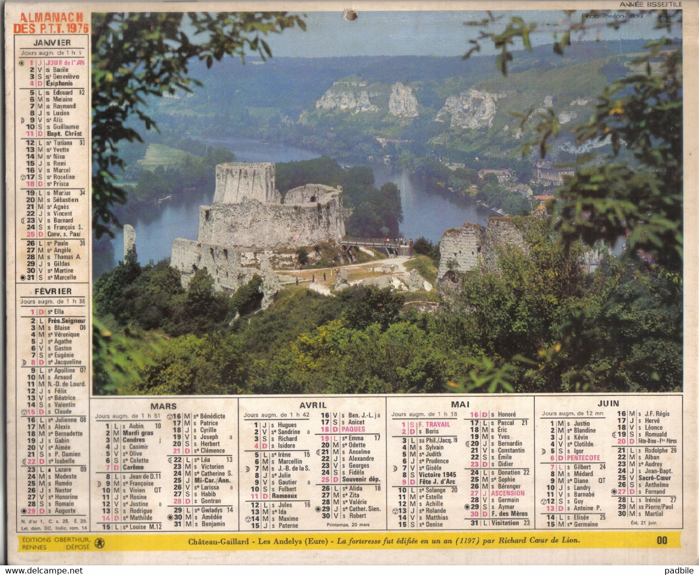 Calendrier Almanach Des P.T.T. 1976 Château Gaillard  Les Andelys - Big : 1971-80