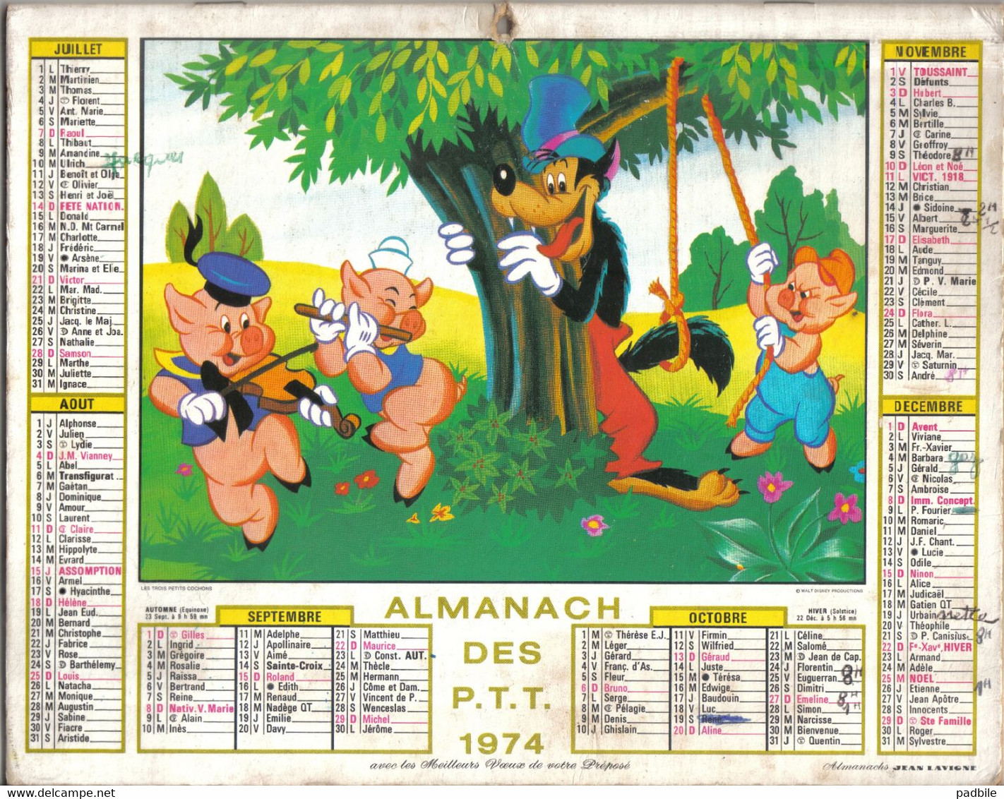 Calendrier Almanach Des P.T.T. 1976 Les 3 Petits Cochons   Walt Disney - Formato Grande : 1971-80