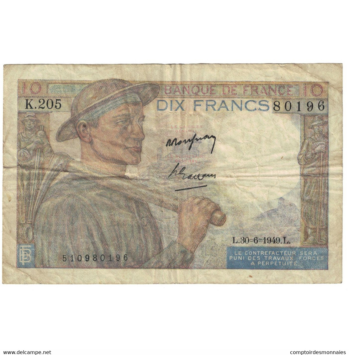 France, 10 Francs, Mineur, 1945, T.103, AB, Fayette:8.14, KM:99e - 10 F 1941-1949 ''Mineur''