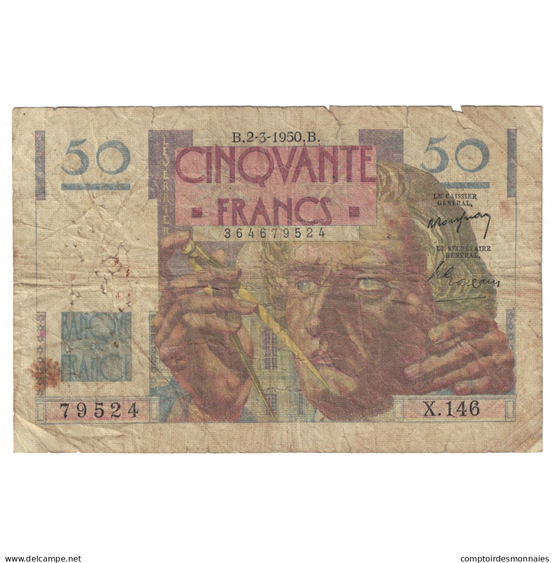 France, 50 Francs, Le Verrier, 1950, X.146, AB, Fayette:20.14, KM:127b - 50 F 1946-1951 ''Le Verrier''