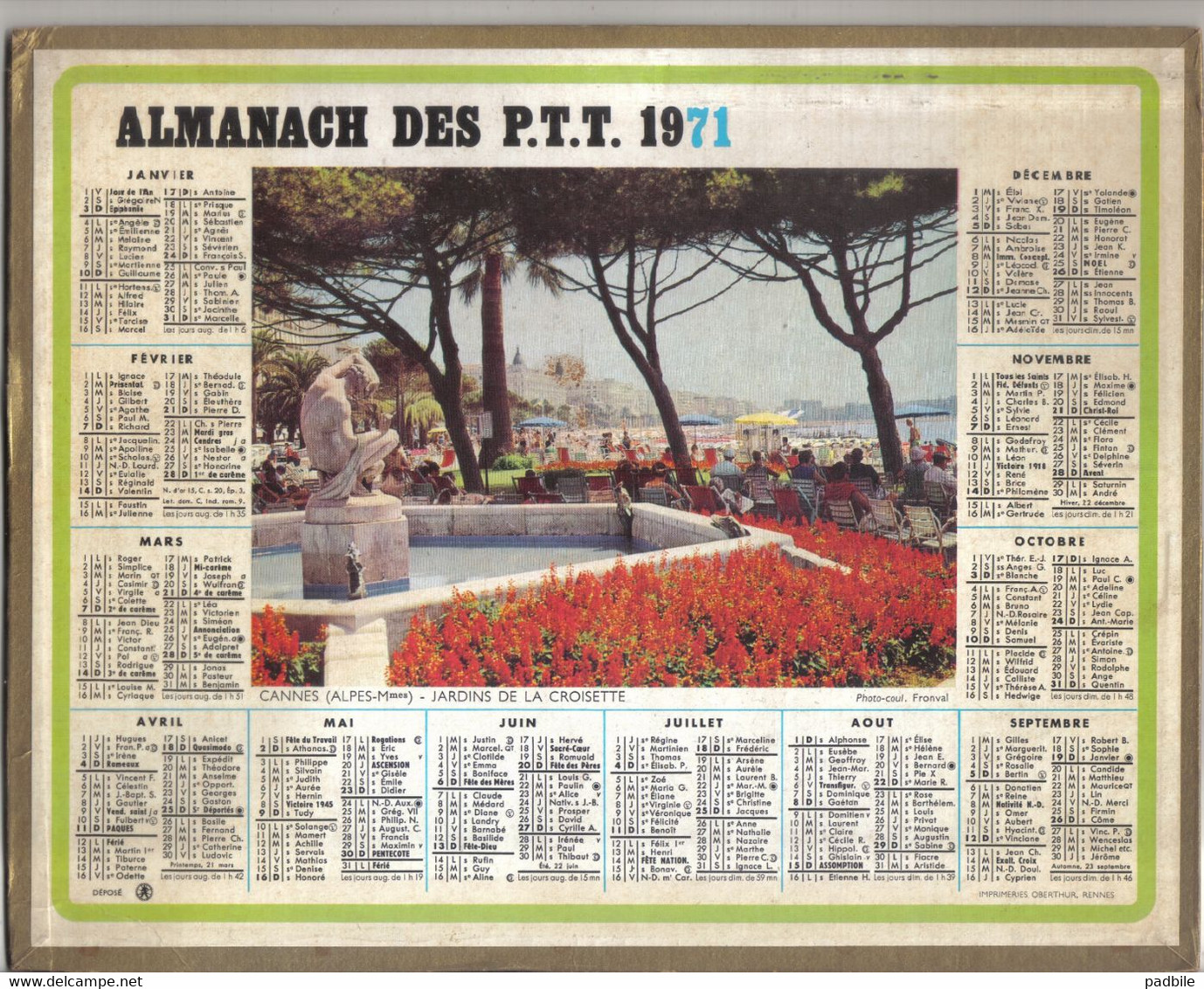 Calendrier Almanach Des P.T.T. 1971  Cannes  Jardins De La Croisette - Grand Format : 1971-80