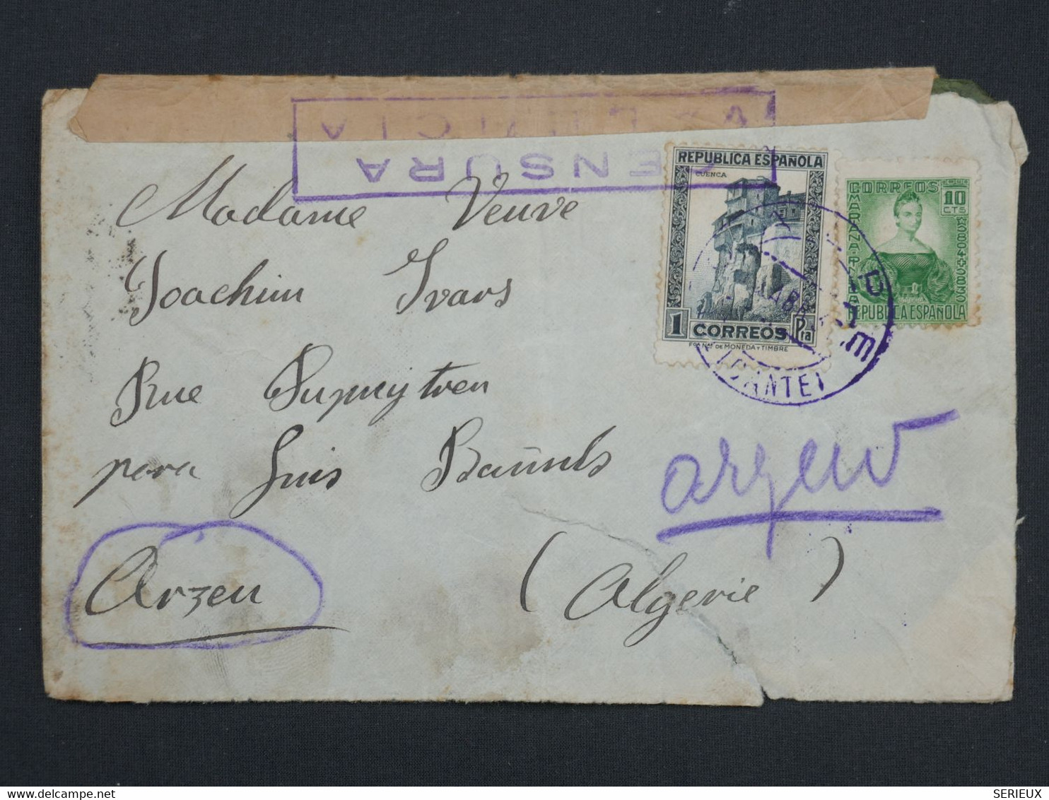 BI 2 ESPANA BELLE LETTRE CENSUREE RRR  1937 VALENCIA A ARZEN ALGERIE  FRANCIA + + AFFRANCH. INTERESSANT - Republicans Censor Marks