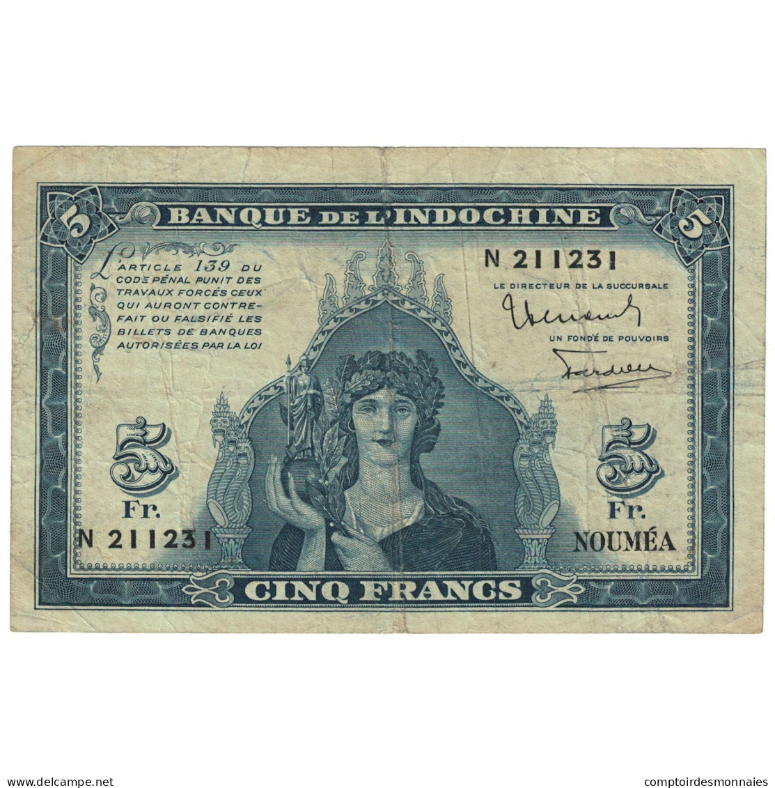 Billet, Nouvelle-Calédonie, 5 Francs, Undated (1944), Undated (1944), KM:48, TB - Nouméa (Neukaledonien 1873-1985)
