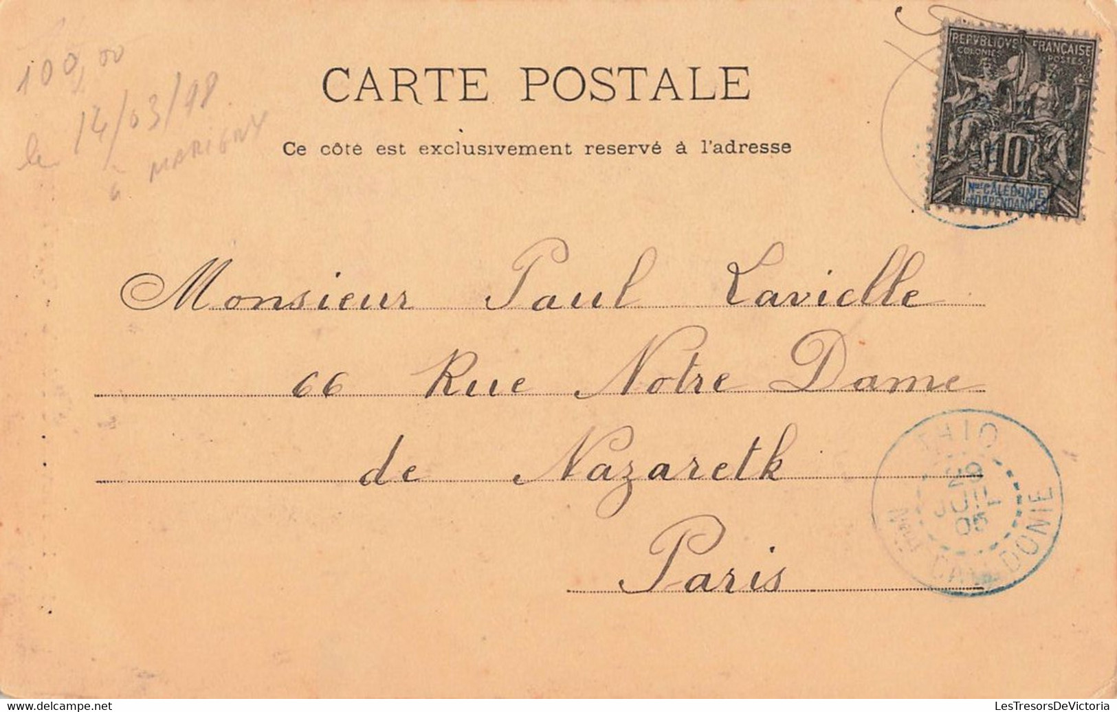 CPA NOUVELLE CALEDONIE - Type Tonquinois - L J - Obliteration Bleu à Thio En 1905 - New Caledonia