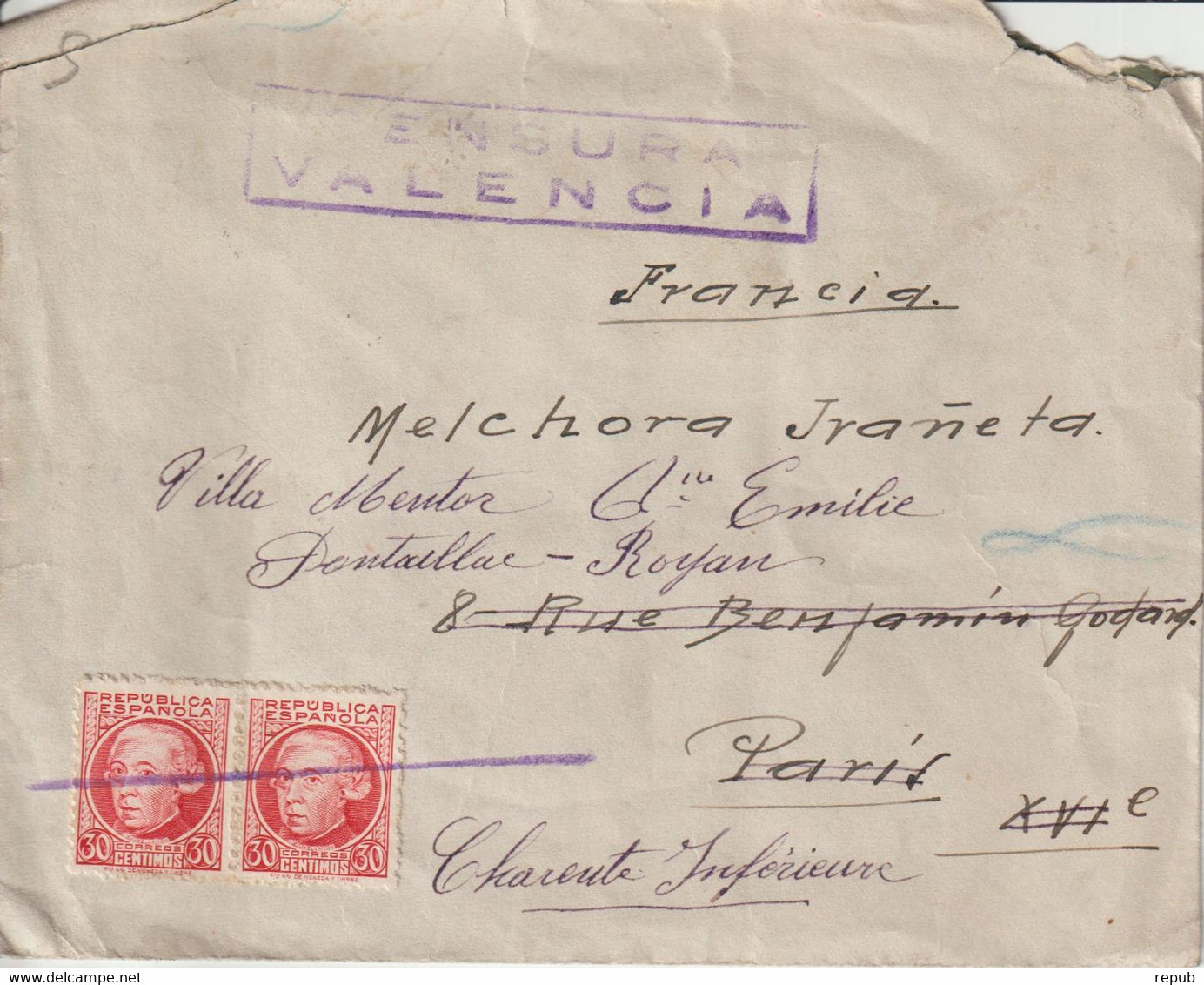 Espagne Lettre 1937 Pour La France Avec Censure - Republikanische Zensur