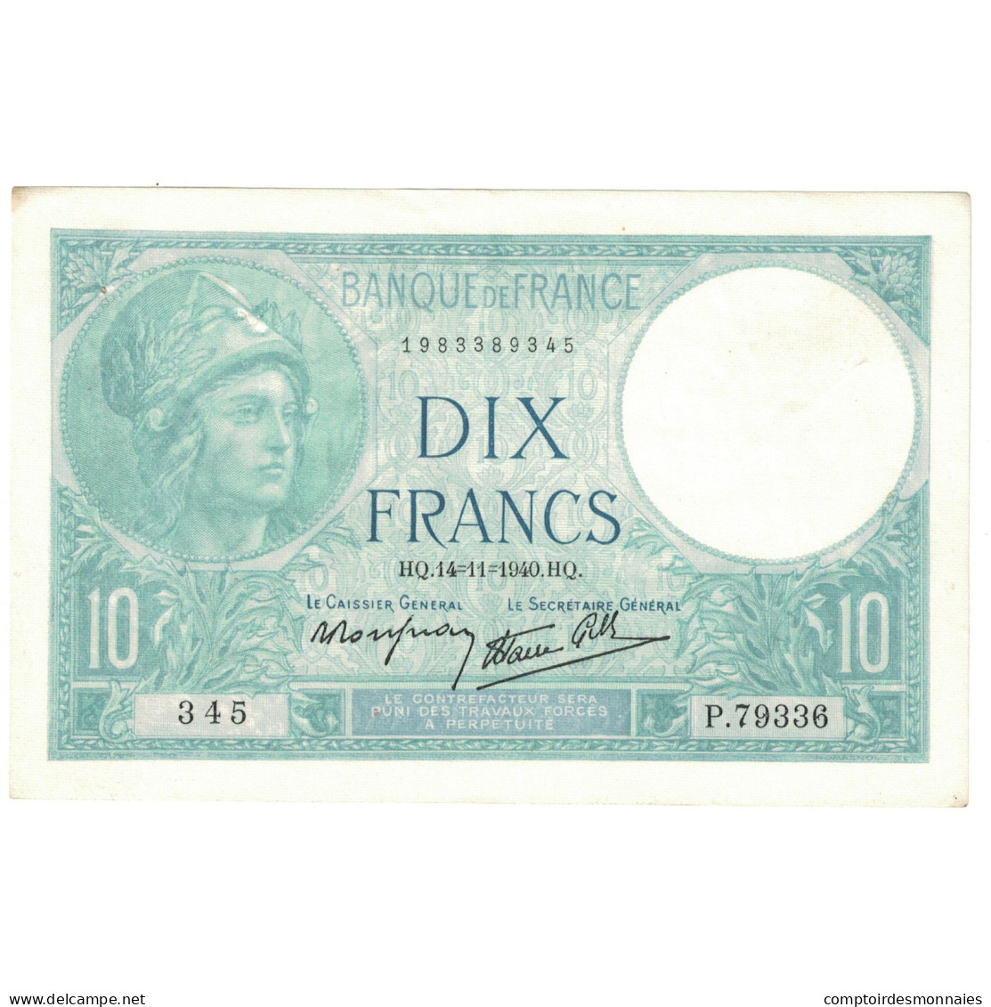 France, 10 Francs, Minerve, 1940, P.79336, SUP+, Fayette:7.20, KM:84 - 10 F 1916-1942 ''Minerve''