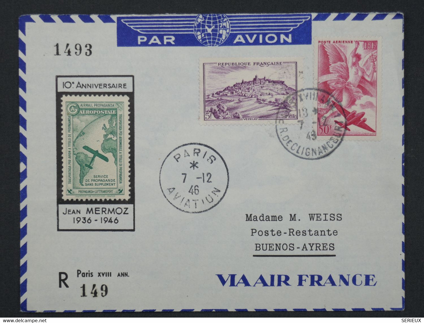 BI 2  FRANCE BELLE LETTRE RR   1946 VOIE MERMOZ+AERIEN+ PARIS A BUENOS AIRES ARGENTINA +VIGNETTE + AFFRANCH. PLAISANT - 1927-1959 Lettres & Documents