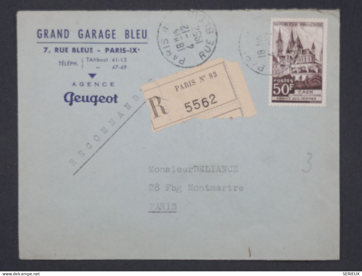 BI 2  FRANCE BELLE LETTRE RECOM. GRAND GARAGE BLEU   1952  PARIS + AFFRANCH. PLAISANT - 1927-1959 Brieven & Documenten