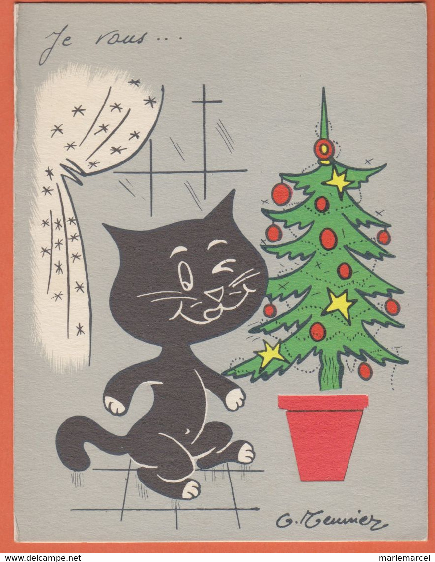 MEUNIER G. - Chat Noir Avec Un Sapin De Noël à L'intérieur Un Pot Avec Des Arêtes De Poisson - Carte Double - Meunier, G.