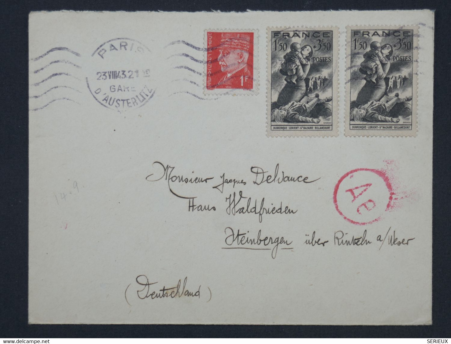 BI 2  FRANCE BELLE LETTRE RR    1943  PARIS A STEINBERGEN GERMANY +GRIFFE AE  ROUGE ++N° 583  AFFRANCH. PLAISANT - 1927-1959 Covers & Documents