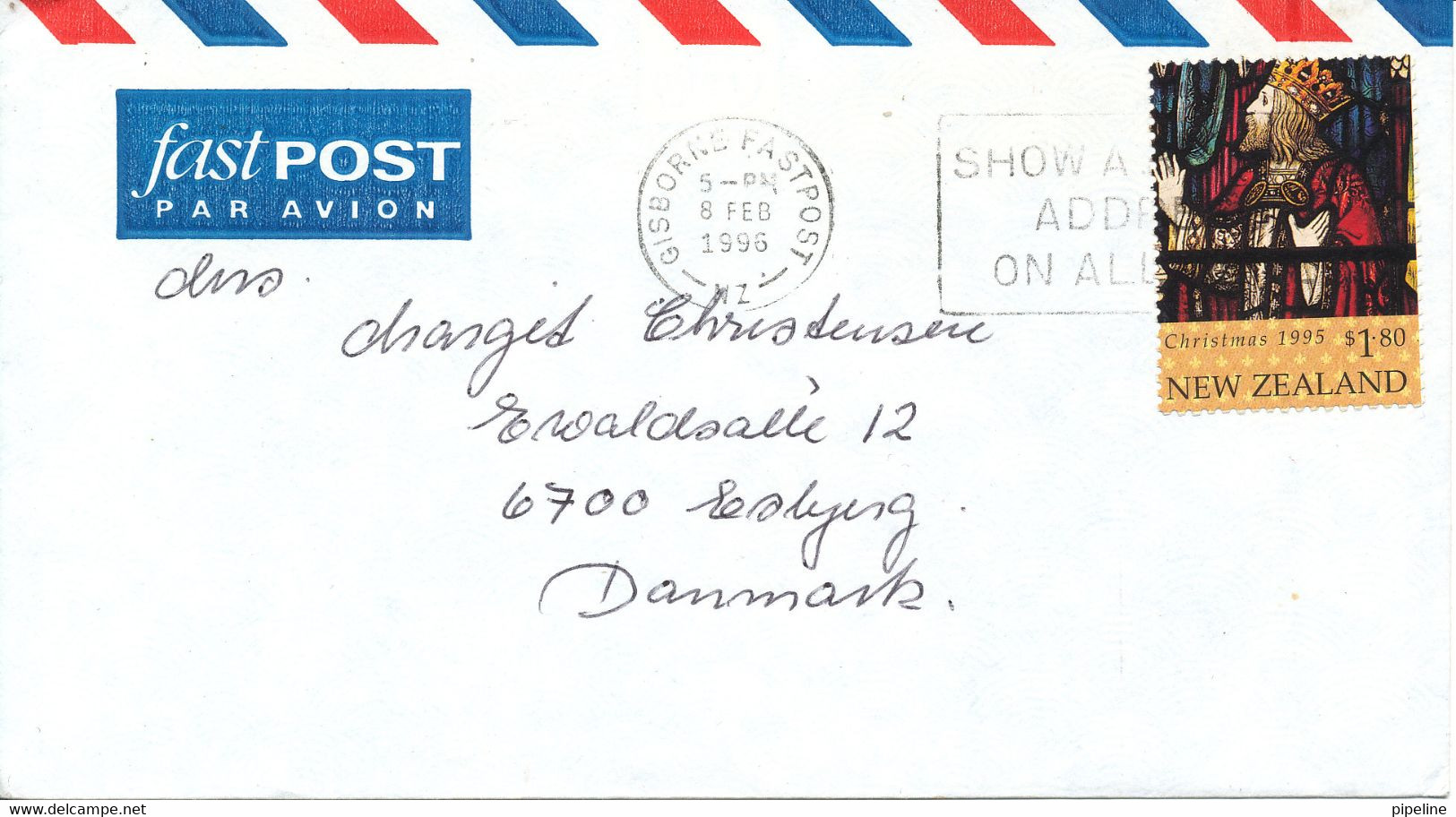 New Zealand Air Mail Cover Sent To Denmark 8-2-1996 Single Franked - Luftpost