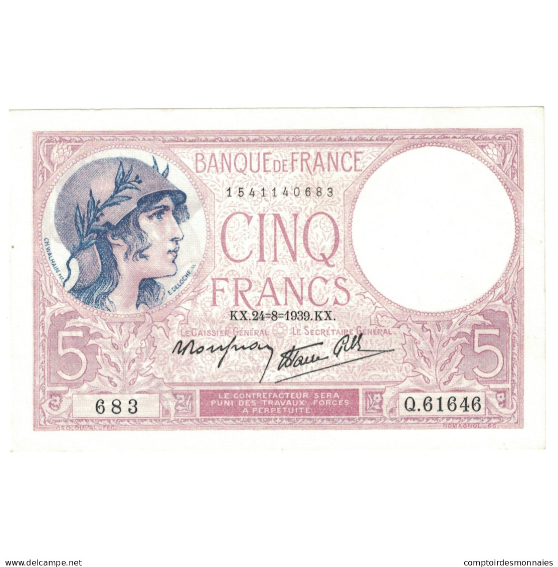 France, 5 Francs, Violet, 1939, Q.61646, SPL+, Fayette:04.07, KM:83 - 5 F 1917-1940 ''Violet''