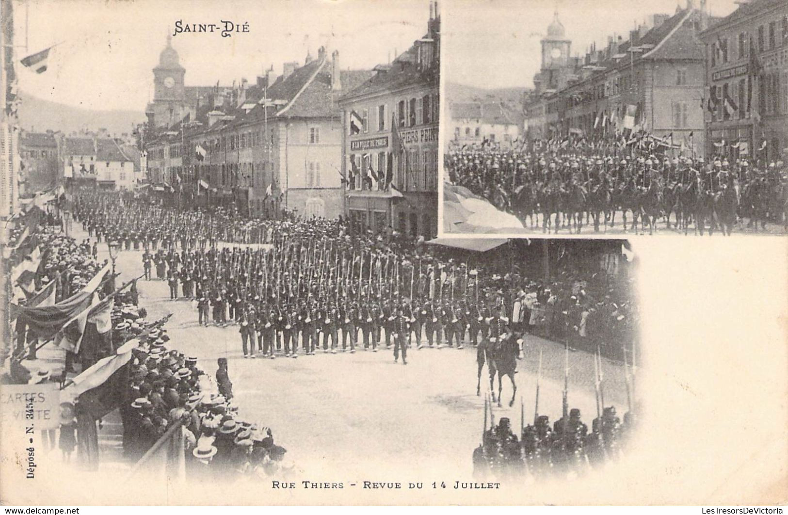 CPA France - Vosges - Saint Dié - Rue Thiers - Revue Du 14 Juillet - Militaire - Oblitérée 1905 Haute Marne Et Vosges - Saint Die