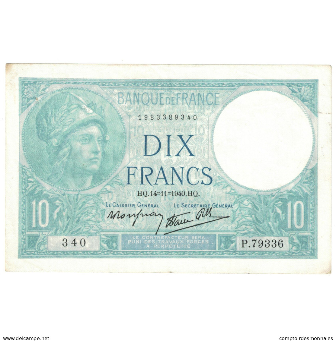 France, 10 Francs, Minerve, 1940, P.79336, SUP, Fayette:7.20, KM:84 - 10 F 1916-1942 ''Minerve''