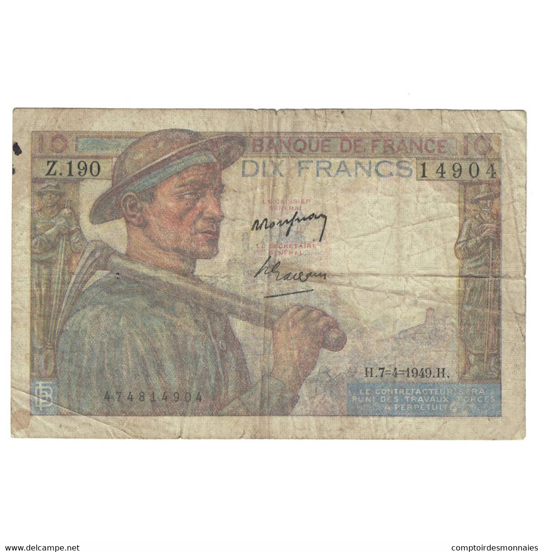 France, 10 Francs, Mineur, 1949, Z.190, B+, Fayette:8.21, KM:99f - 10 F 1941-1949 ''Mineur''