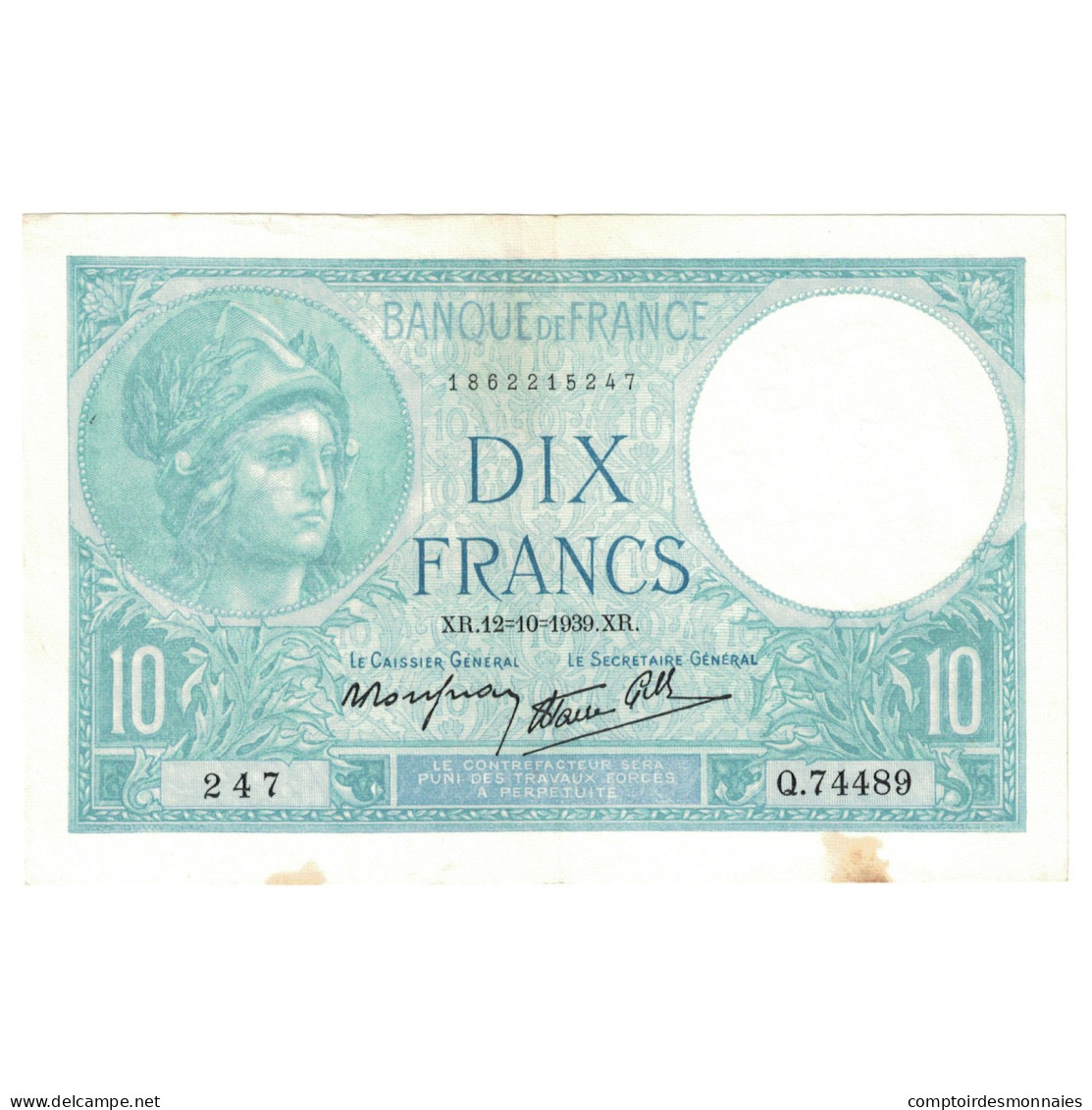 France, 10 Francs, Minerve, 1939, Q.74489, SUP, Fayette:07.11, KM:84 - 10 F 1916-1942 ''Minerve''