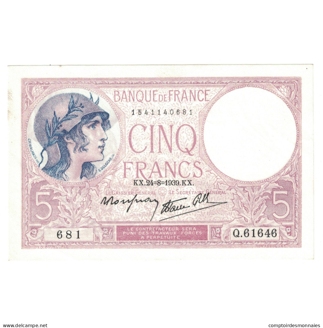 France, 5 Francs, Violet, 1939, Q.61646, SPL, Fayette:04.07, KM:83 - 5 F 1917-1940 ''Violet''