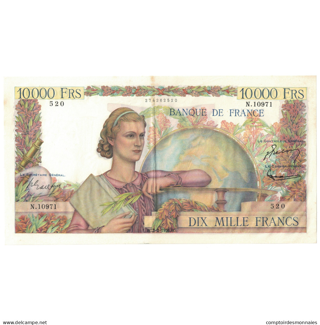 France, 10,000 Francs, Génie Français, 1956, N.10971, SUP, Fayette:50.79 - 10 000 F 1945-1956 ''Génie Français''