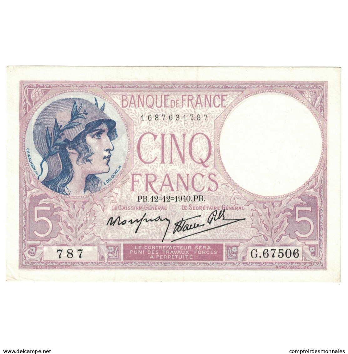 France, 5 Francs, Violet, 1940, G.67506, SPL+, Fayette:4.17, KM:83 - 5 F 1917-1940 ''Violet''