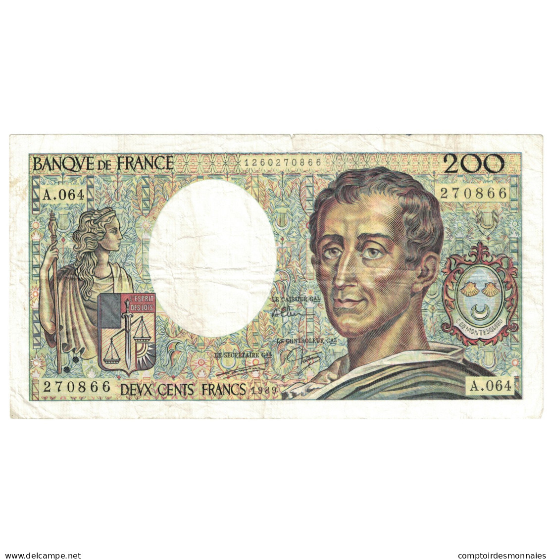 France, 200 Francs, Montesquieu, 1989, A.064, TB+, Fayette:70.9, KM:155c - 200 F 1981-1994 ''Montesquieu''