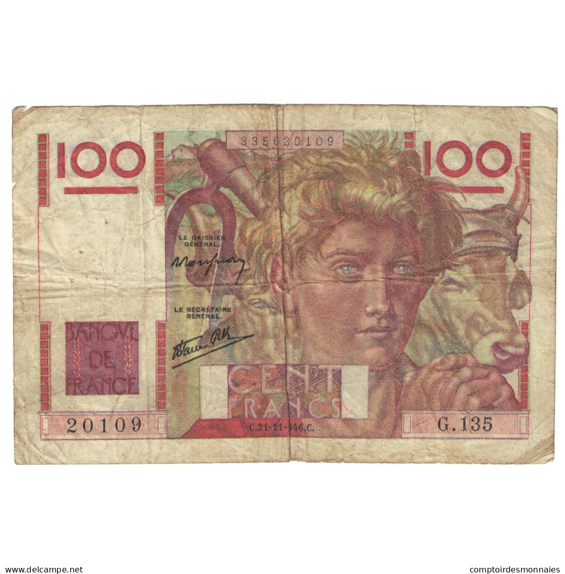 France, 100 Francs, Jeune Paysan, 1946, G.135, B+, Fayette:28.11, KM:128a - 100 F 1945-1954 ''Jeune Paysan''