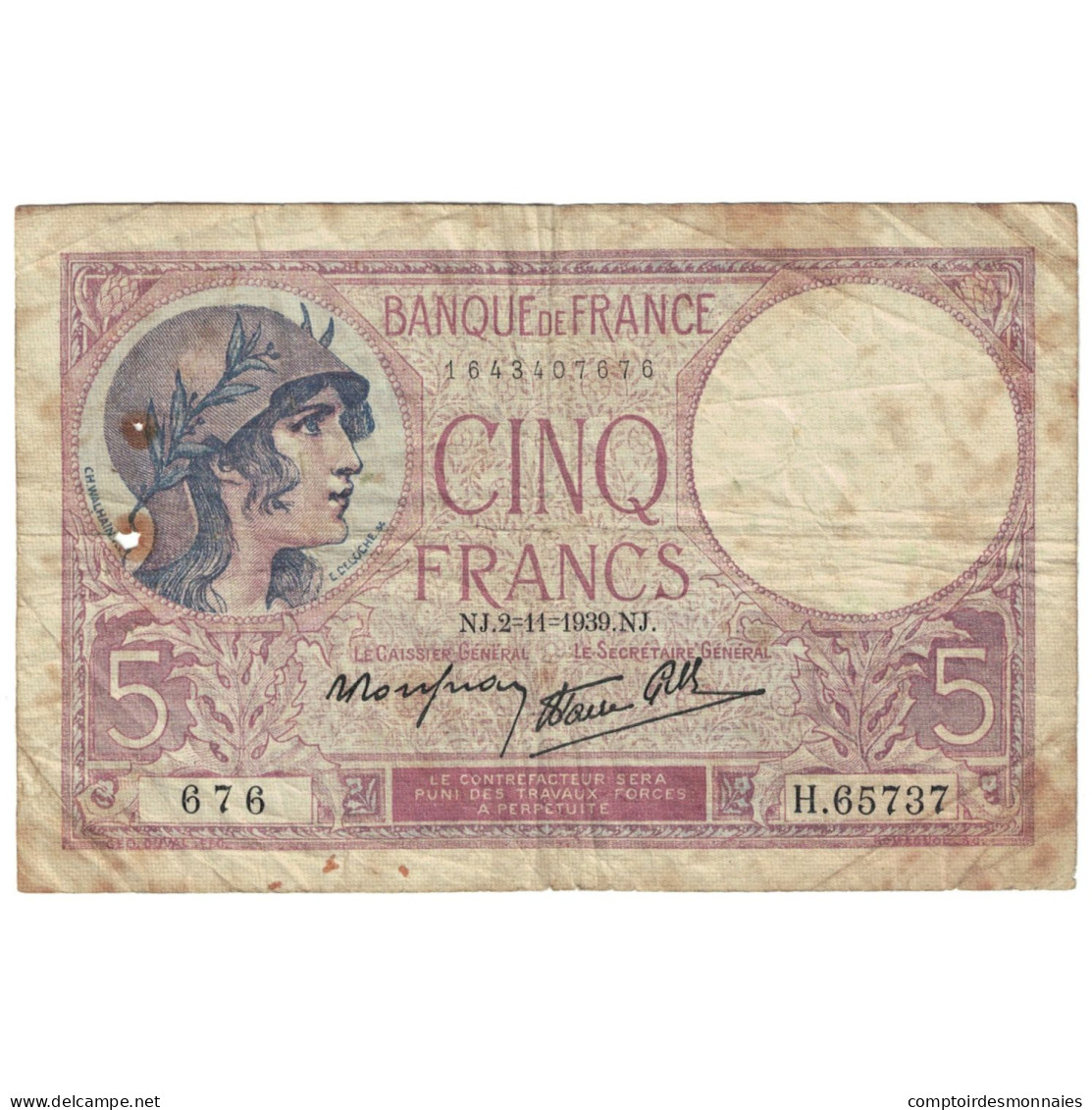 France, 5 Francs, Violet, 1939, H.65737, TB, Fayette:04.14, KM:83 - 5 F 1917-1940 ''Violet''