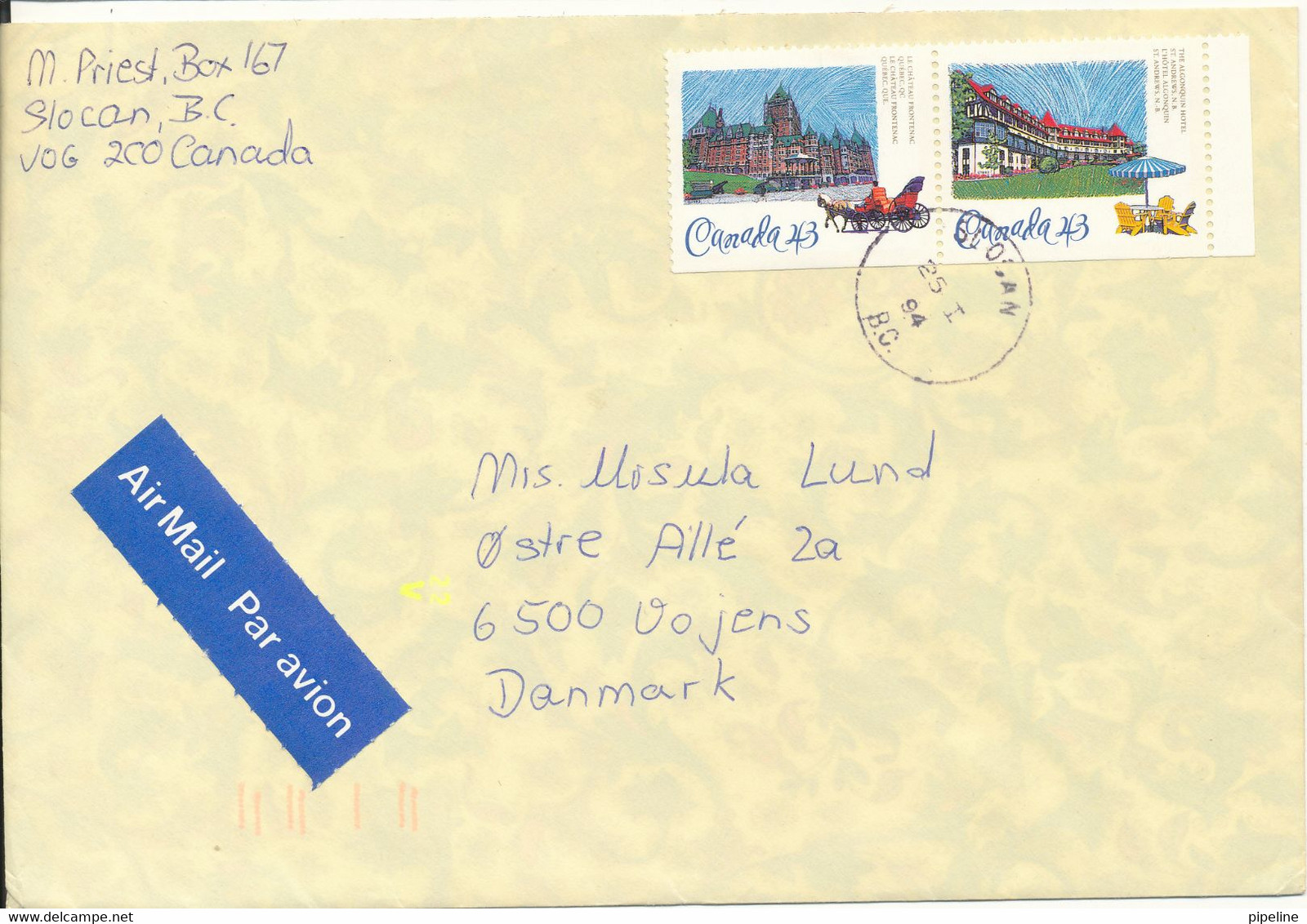 Canada Cover Sent Air Mail To Denmark 25-1-1994 - Cartas & Documentos