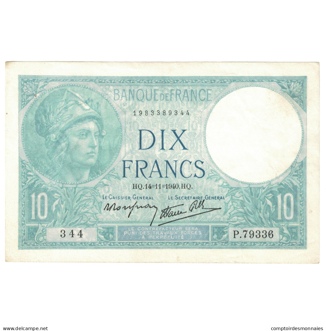 France, 10 Francs, Minerve, 1940, P.79336, SUP, Fayette:7.20, KM:84 - 10 F 1916-1942 ''Minerve''