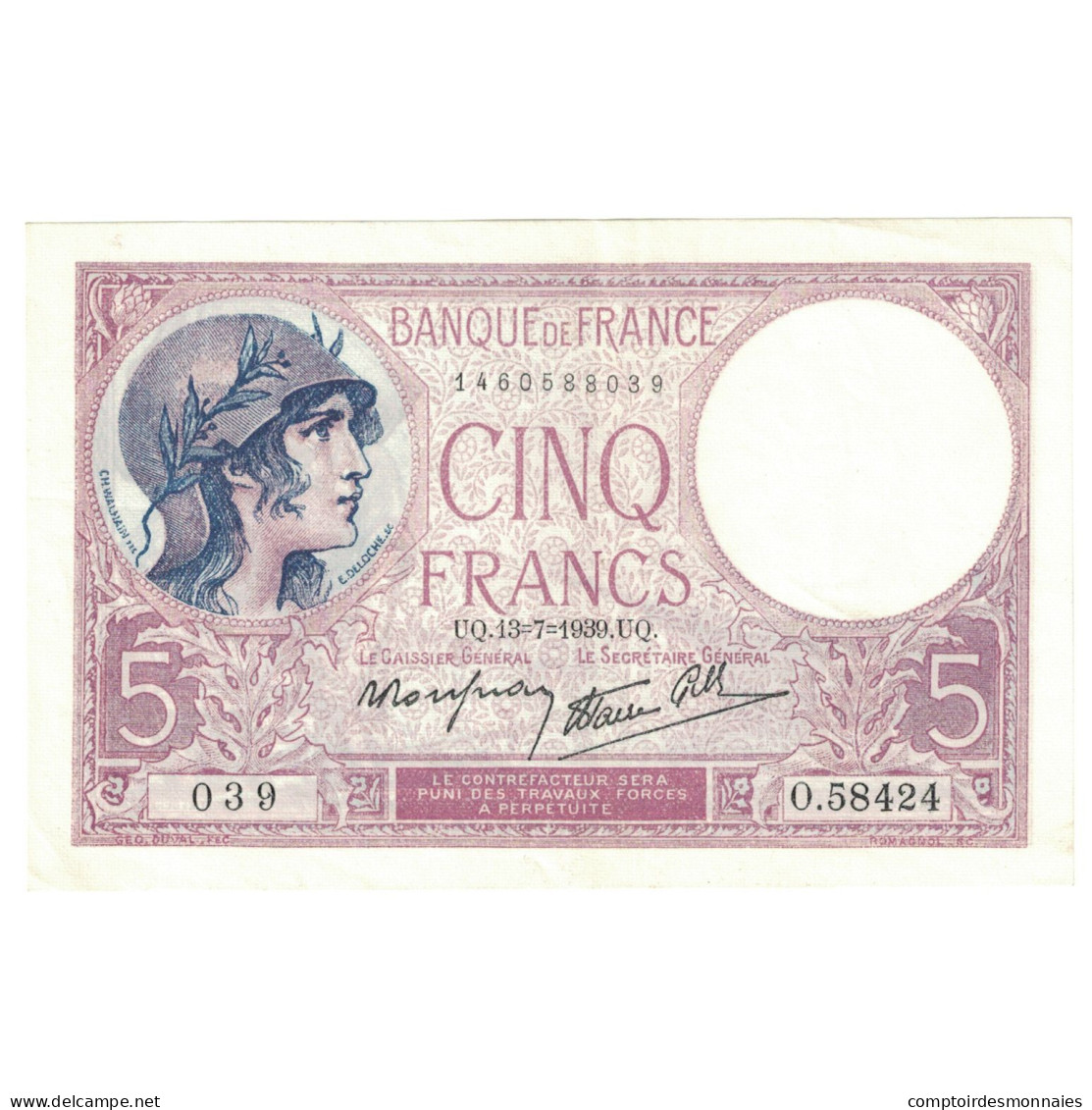 France, 5 Francs, Violet, 1939, O.58424, SUP+, Fayette:04.01, KM:83 - 5 F 1917-1940 ''Violet''