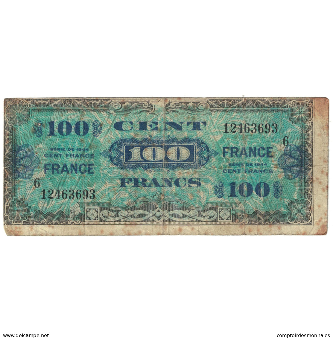 France, 100 Francs, Drapeau/France, 1944, 12463693, "erreur Massicotage", TB - 1944 Vlag/Frankrijk