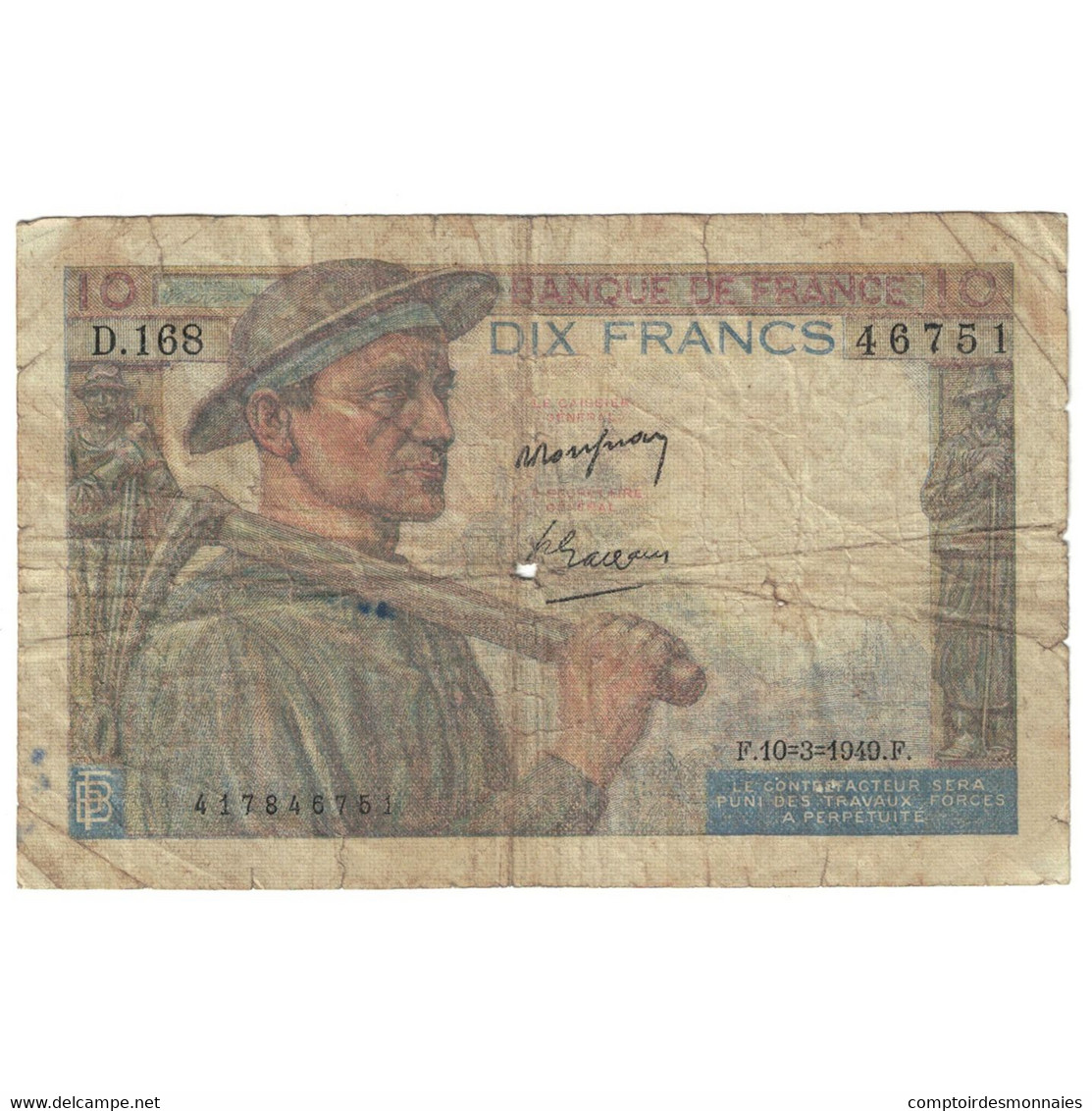 France, 10 Francs, Mineur, 1949, D.168, B, Fayette:8.20, KM:99f - 10 F 1941-1949 ''Mineur''