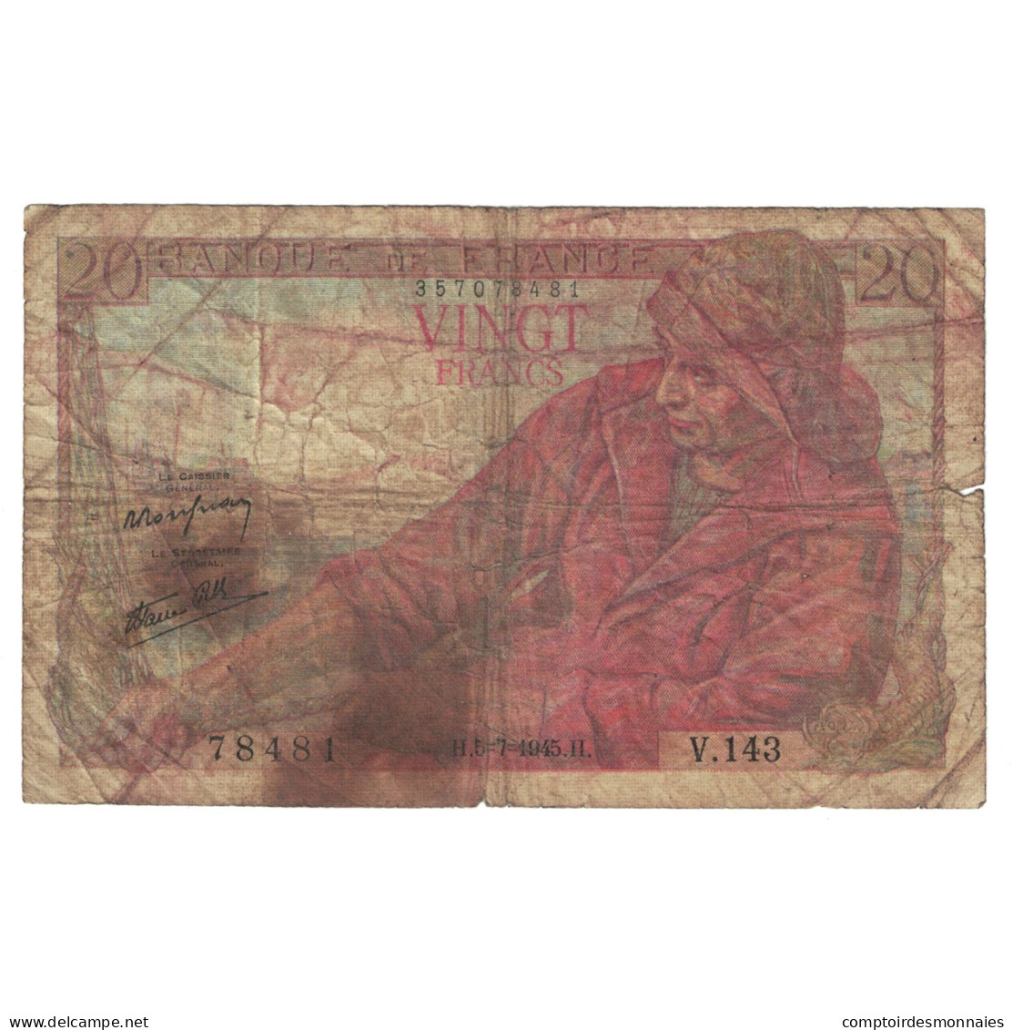 France, 20 Francs, Pêcheur, 1945, V.143, AB, Fayette:13.10, KM:100b - 20 F 1942-1950 ''Pêcheur''