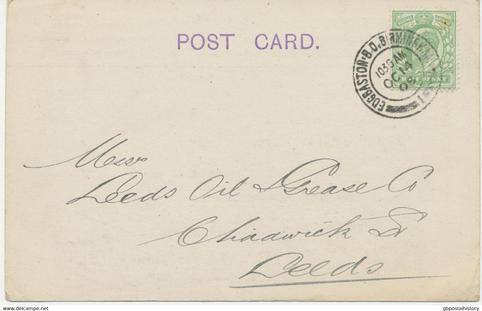 GB „EDGBASTON-B.O.BIRMINGHAM / 1“ Superb Rare Double Cirlce (one Single Arc, 26mm, Code „10.30 AM“) On Superb Postcard W - Briefe U. Dokumente