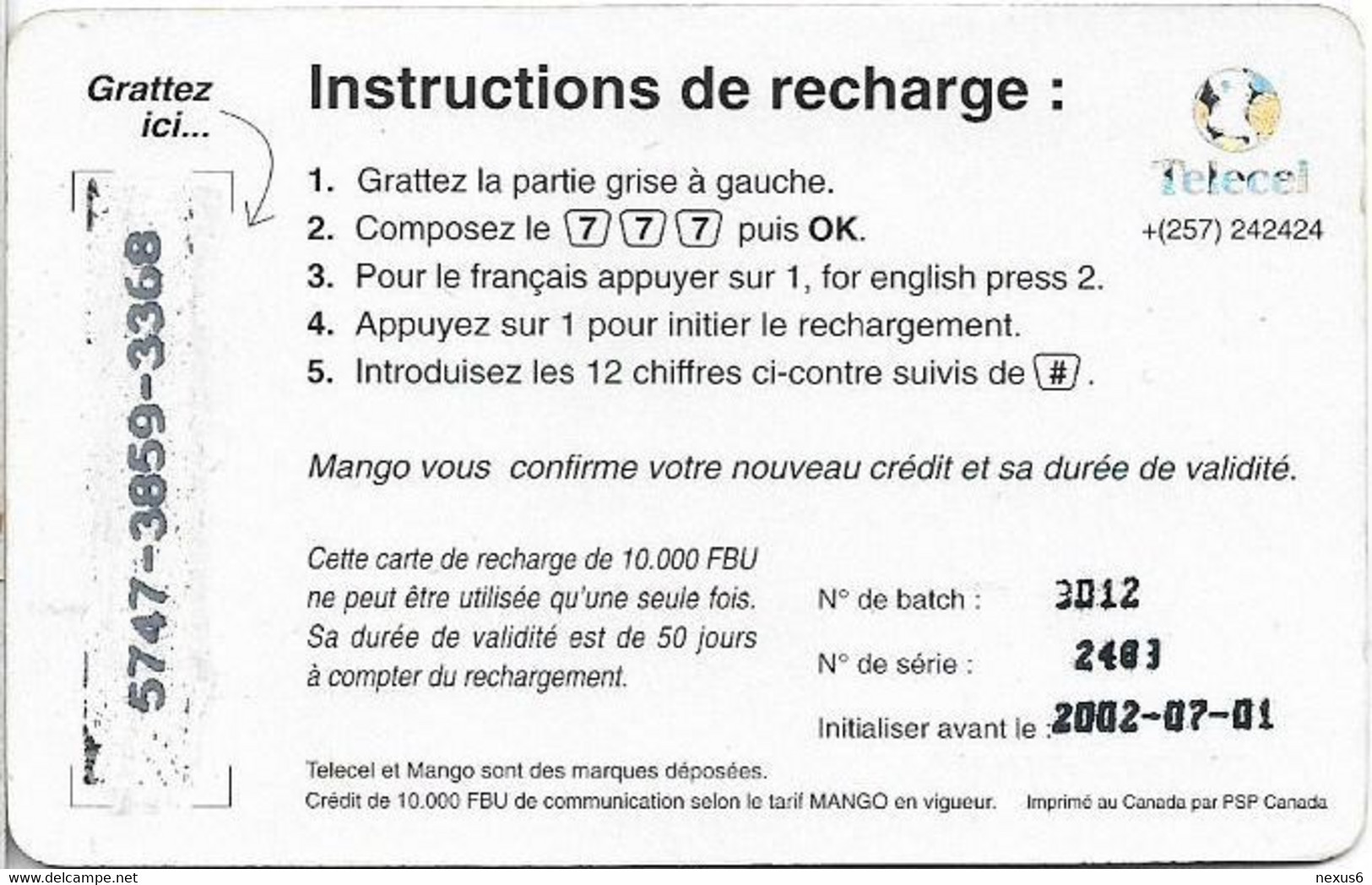 Burundi - Telecel Burundi - Mango, Le Cellulaire, Exp. 01.07.2002, GSM Refill 10.000FBu, Used - Burundi