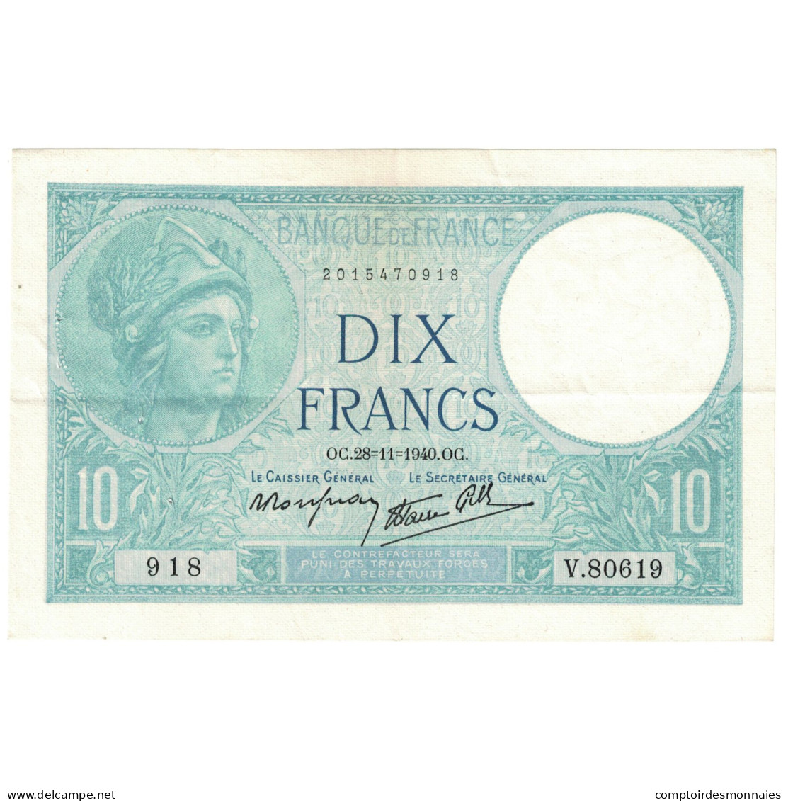 France, 10 Francs, Minerve, 1940, V.80619, SUP, Fayette:07.22, KM:84 - 10 F 1916-1942 ''Minerve''