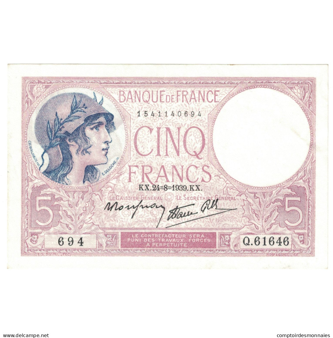 France, 5 Francs, Violet, 1939, Q.61646, SPL+, Fayette:04.07, KM:83 - 5 F 1917-1940 ''Violet''