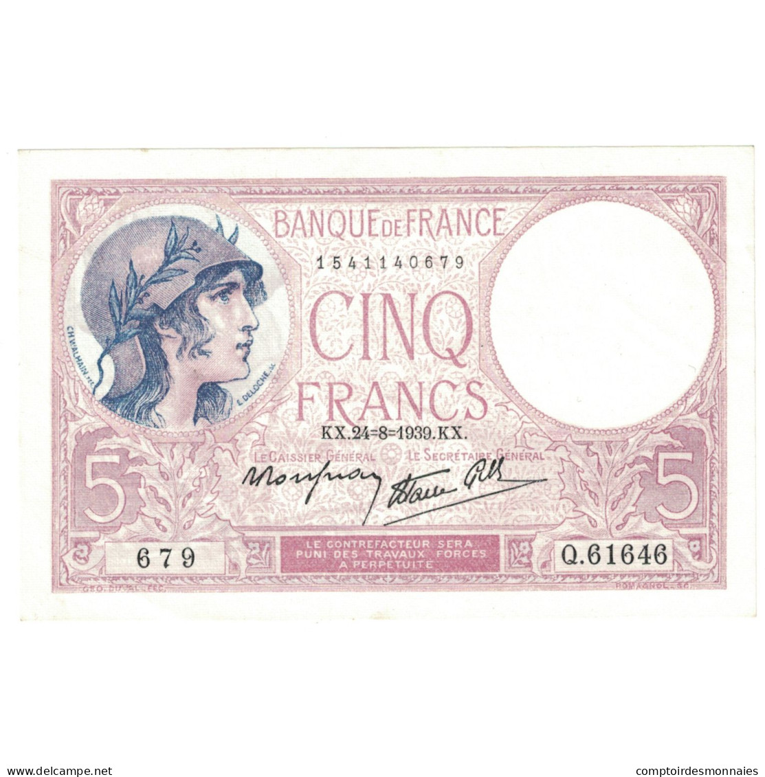 France, 5 Francs, Violet, 1939, Q.61646, SPL, Fayette:04.07, KM:83 - 5 F 1917-1940 ''Violet''