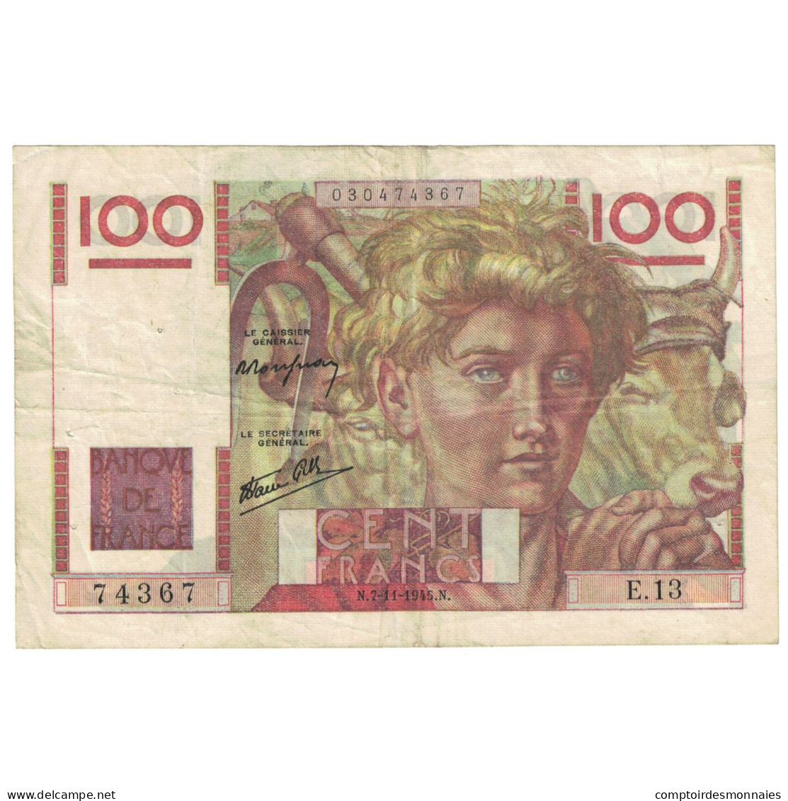 France, 100 Francs, Jeune Paysan, 1945, E.13, TB+, Fayette:28.1, KM:128a - 100 F 1945-1954 ''Jeune Paysan''