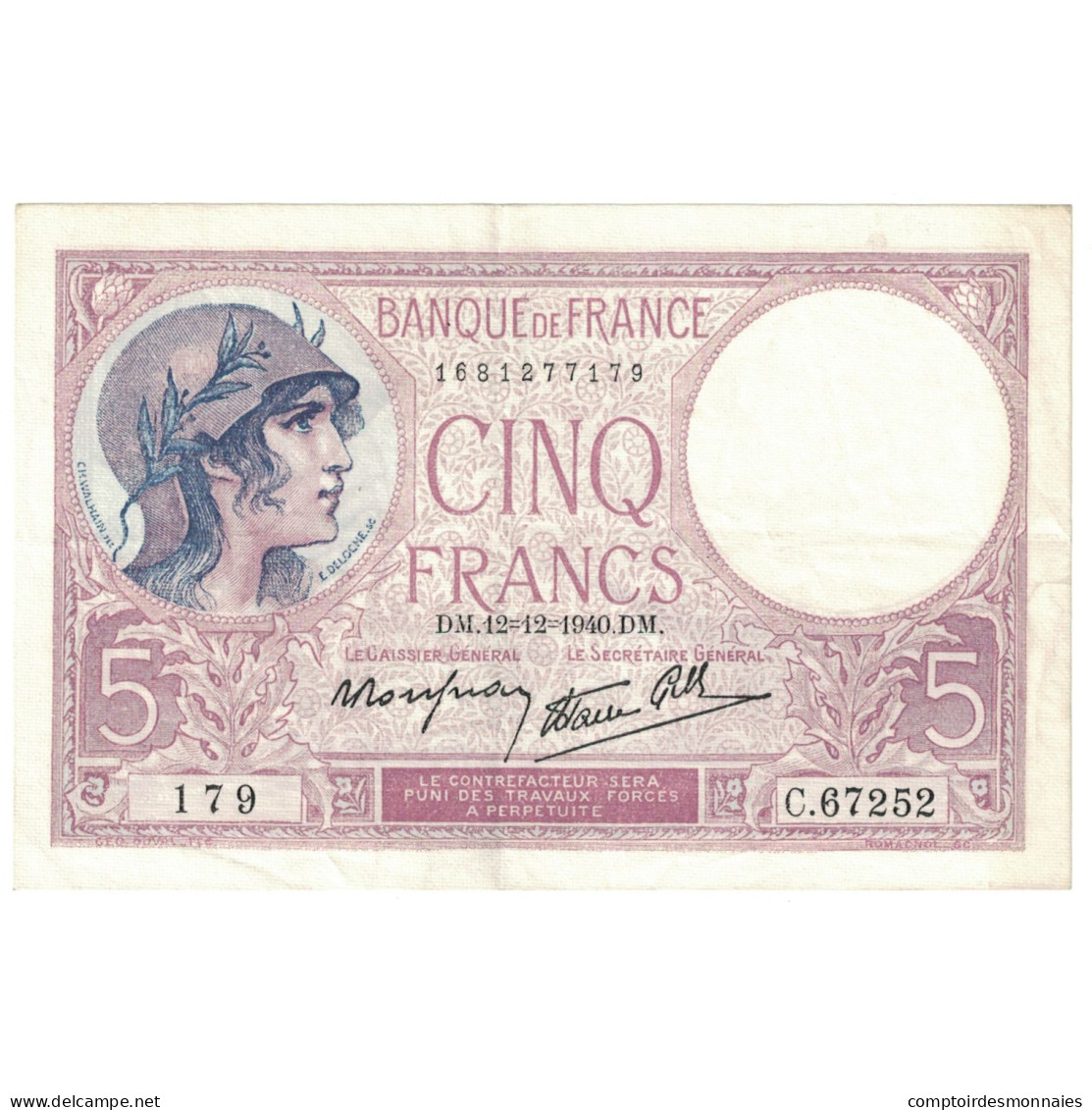 France, 5 Francs, Violet, 1940, C.67252, SUP, Fayette:04.17, KM:83 - 5 F 1917-1940 ''Violet''