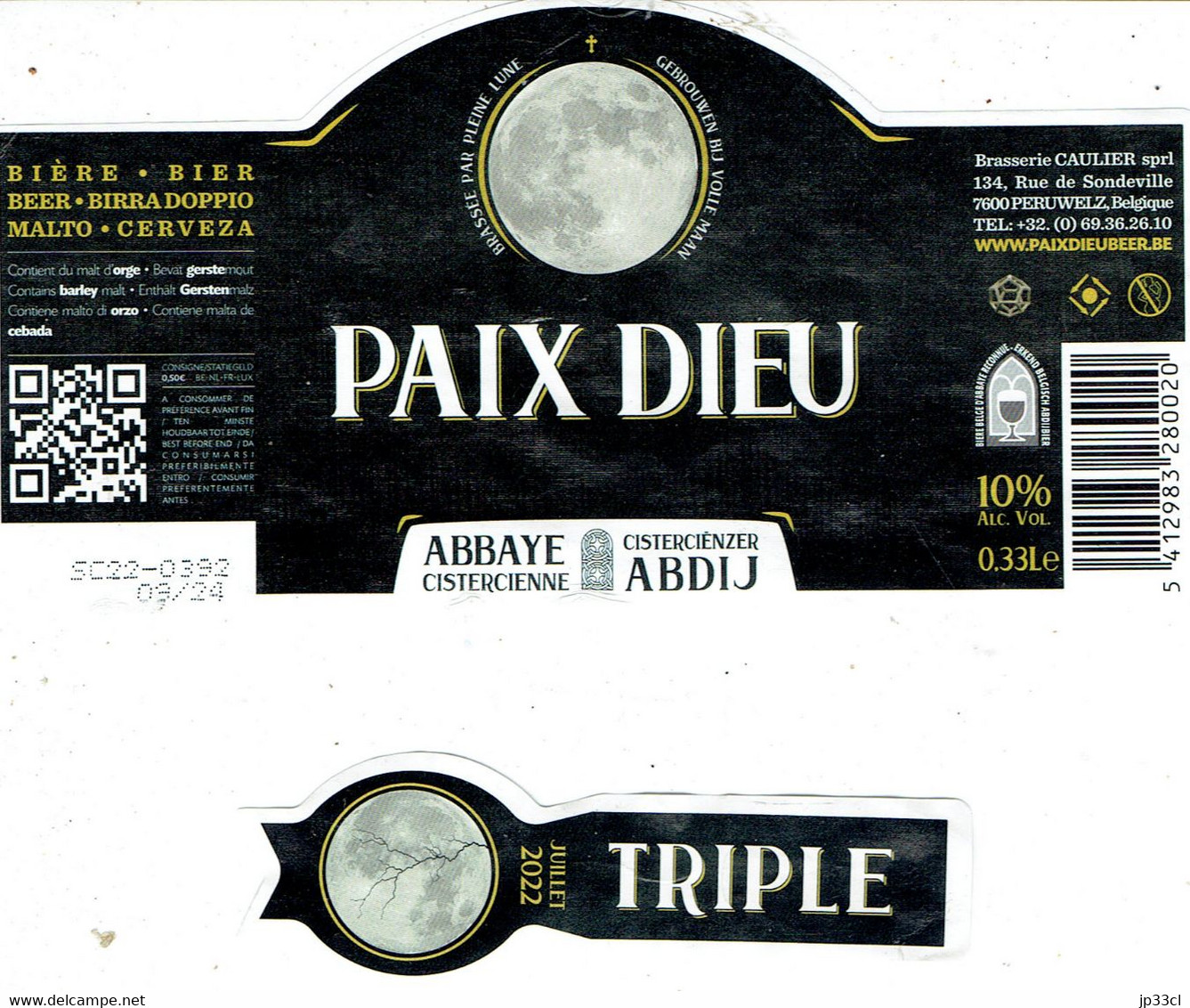 2 étiquettes De Bière Paix Dieu Triple 10% 0,33 L (Brasserie Caulier, Peruwelz) - Beer