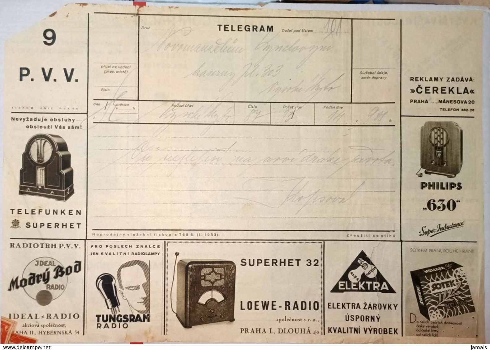 Electric Bulb, Lampe, Radio, Ice Hockey, Advertising Telegram Czechoslovakia As Scan - Ohne Zuordnung
