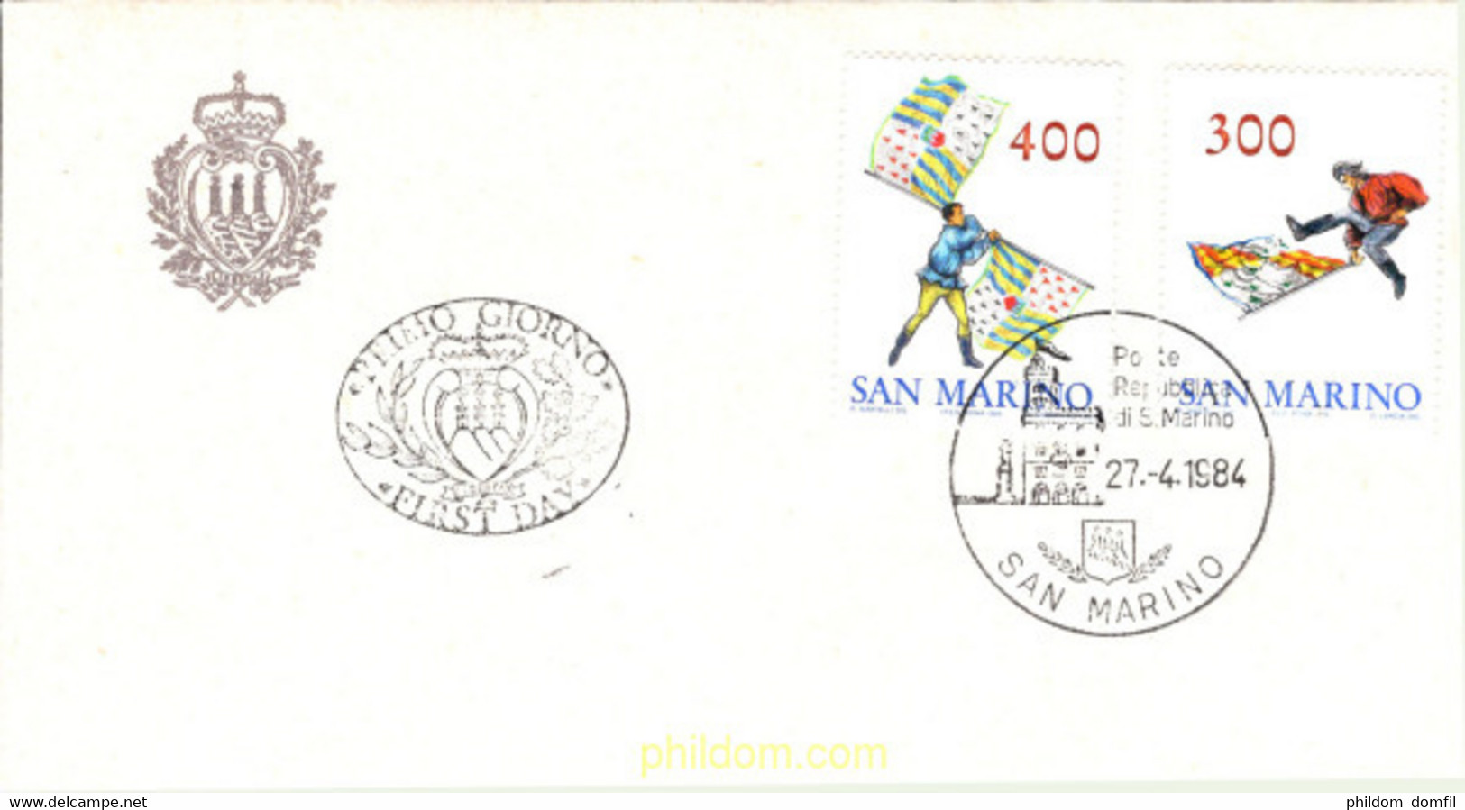 377040 MNH SAN MARINO 1984 CONSTITUCION DEL GRUPO DE JUGADORES DE BANDERAS DE SAN MARINO - Gebruikt