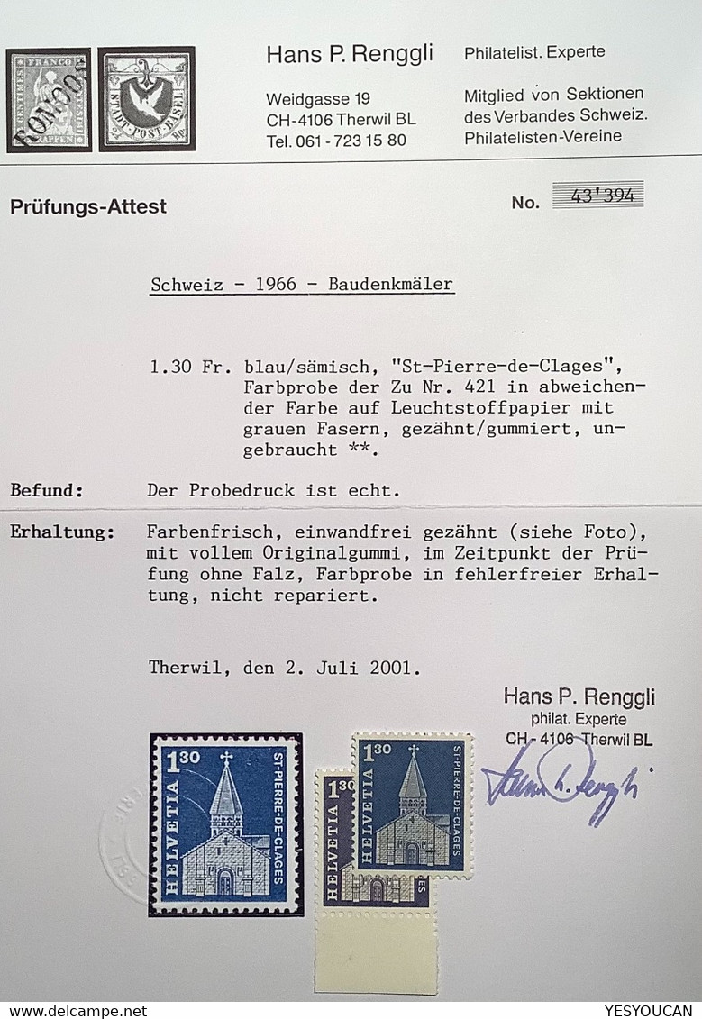 Schweiz RRR ! 1966 #421 FARBPROBE 1.30Fr BLAU Statt Ultramarin Attest(Kirche St Pierre De Clages Eglise Suisse VS Proof - Ungebraucht