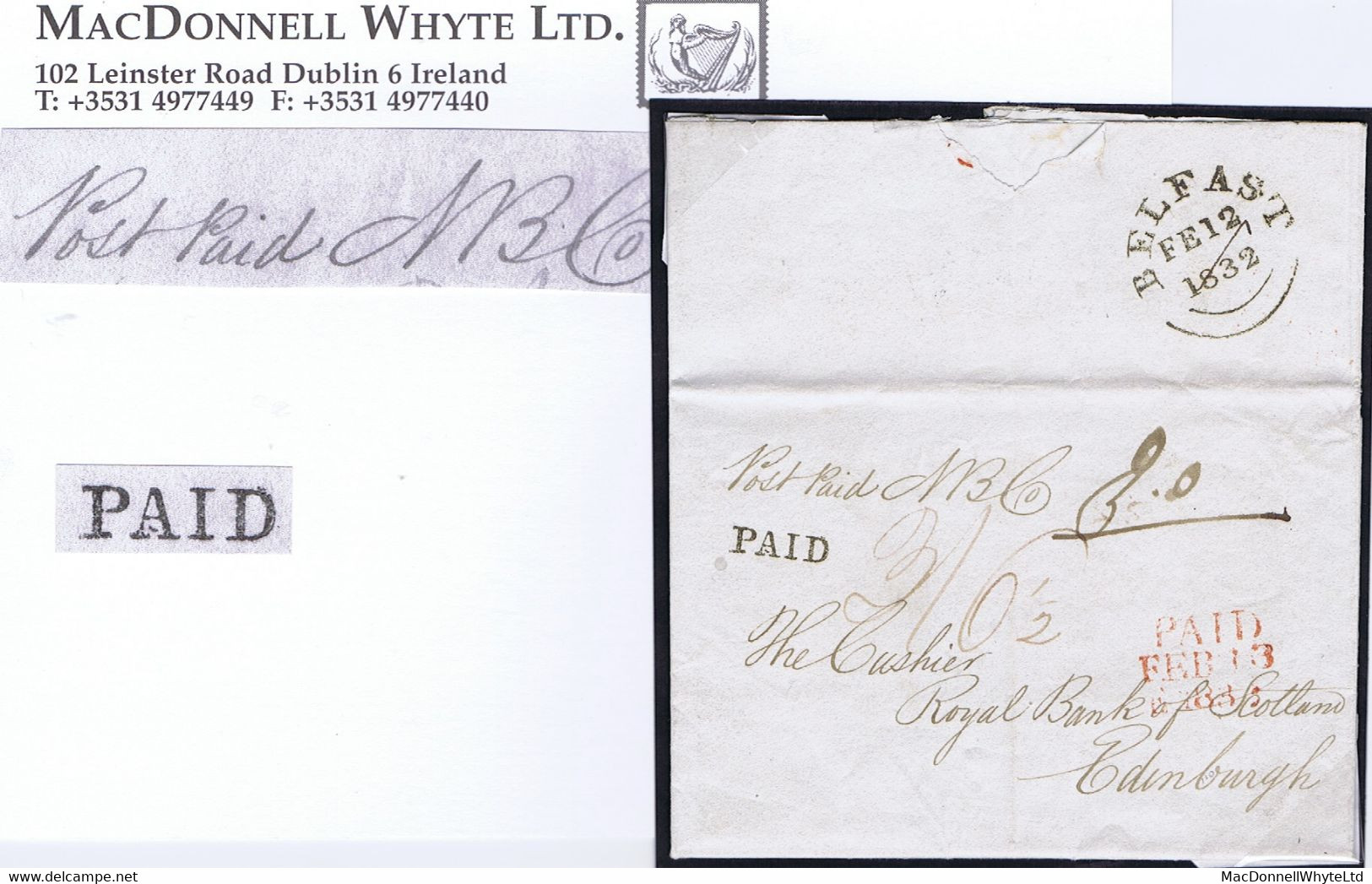 Ireland Belfast 1832 Banking Letter To Edinburgh With Unframed Hs PAID Of Belfast In Black, BELFAST FE 12 1832 Cds - Prephilately